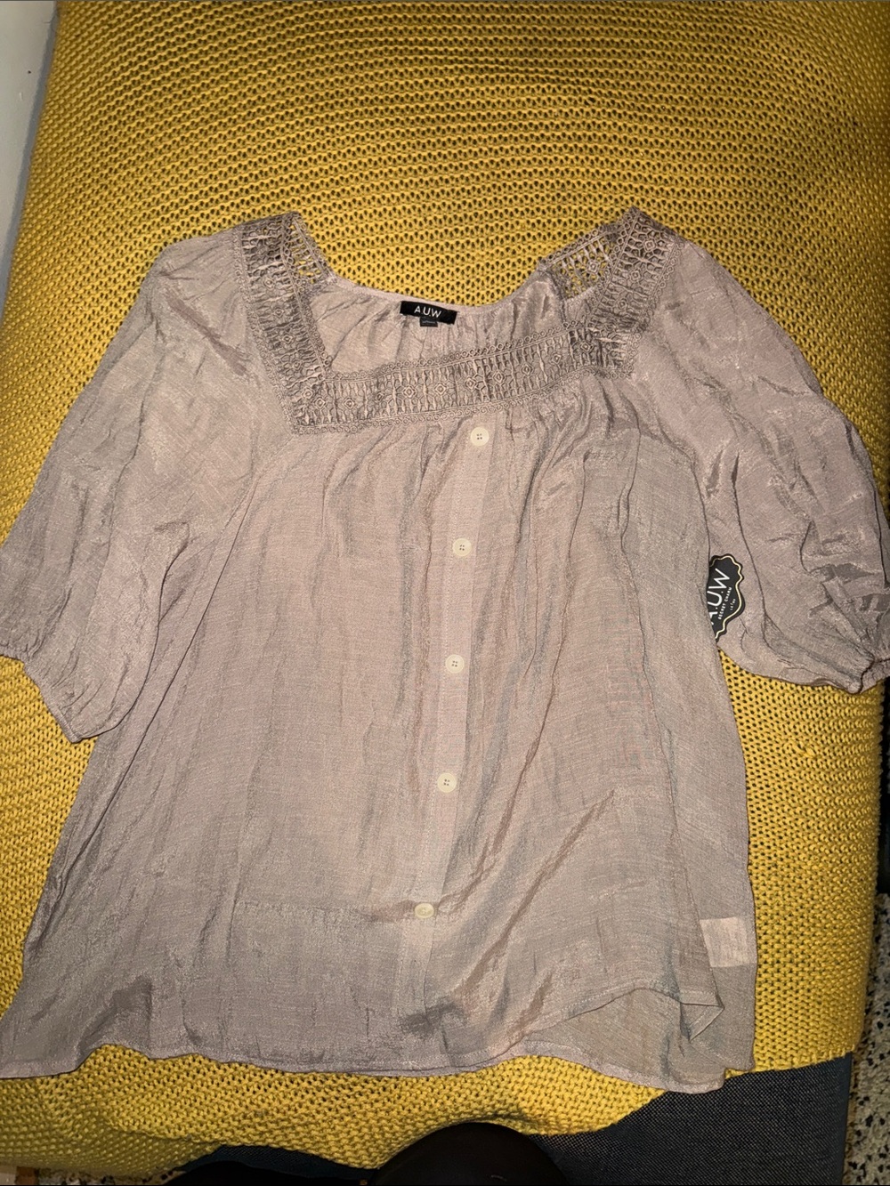 AUW Light Lavender Button-Front Smocked Square-Neck Blouse